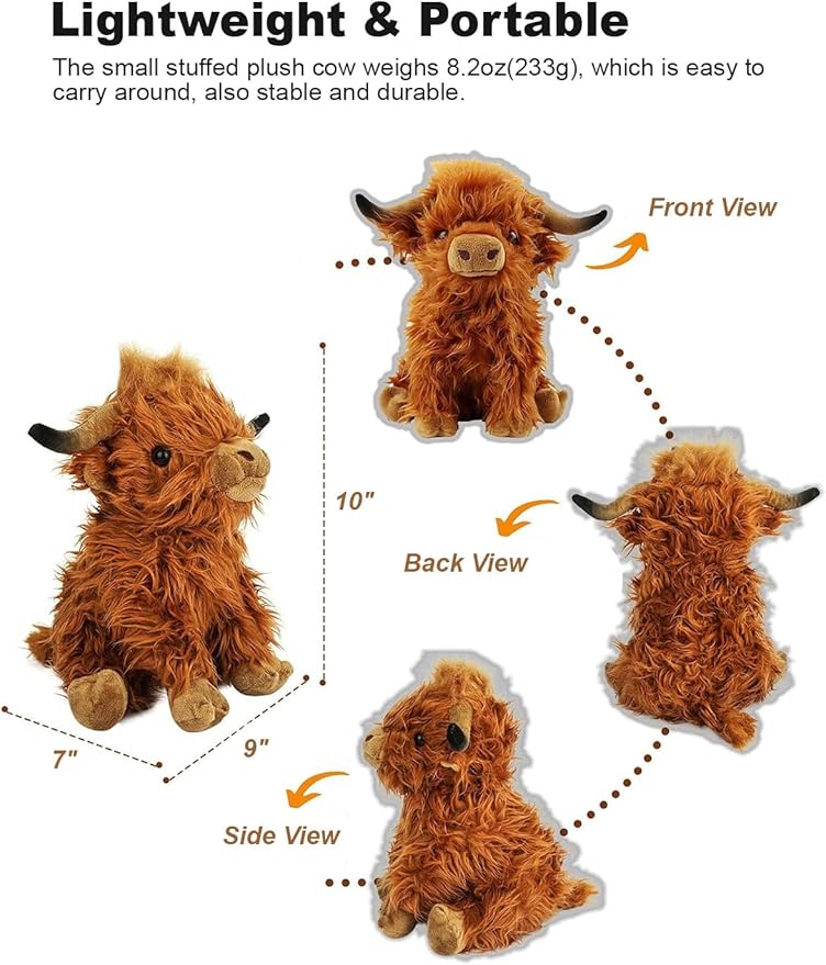 Highland Cow Fluffy Stuffed Animal, 10" Adorable Realistic Plush Toy Soft Cute Cow Plushie Home Decor Gift for Boys Girls Kids Teens Adults, Brown