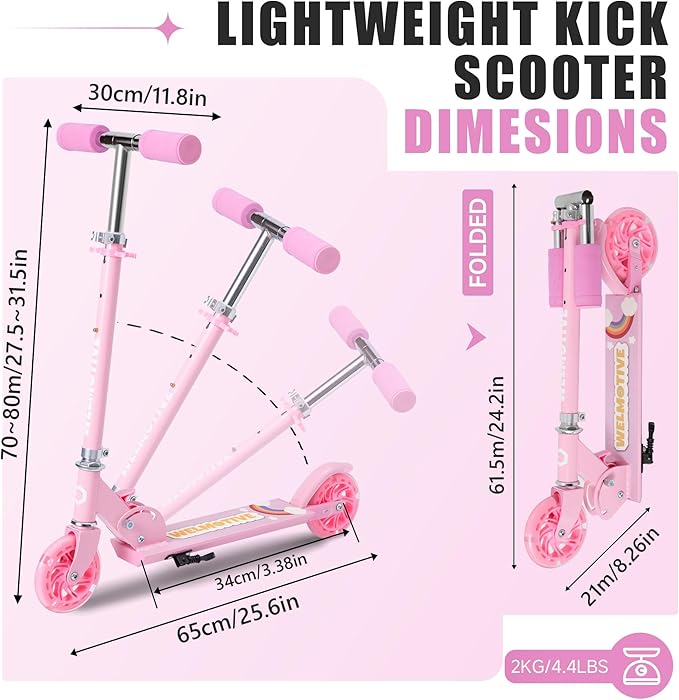 Kick Scooter for 3+Years Old Boys & Girls Lightweight, Foldable, Aluminum Frame, and Adjustable Handlebars, Rear Brake, and Flashing Light up Wheels