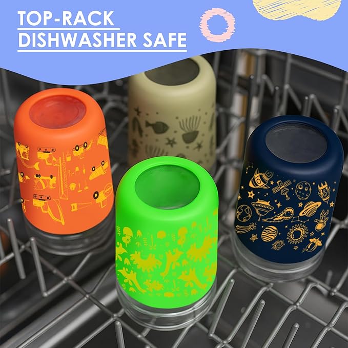 Sursip Toddler Glass Sippy Cups, Kids Baby 12 oz Spill-Proof Water Tumbler with Straw and Lids, Smoothie Snack Mason Jar For Travel School or At Home, 4 Packs