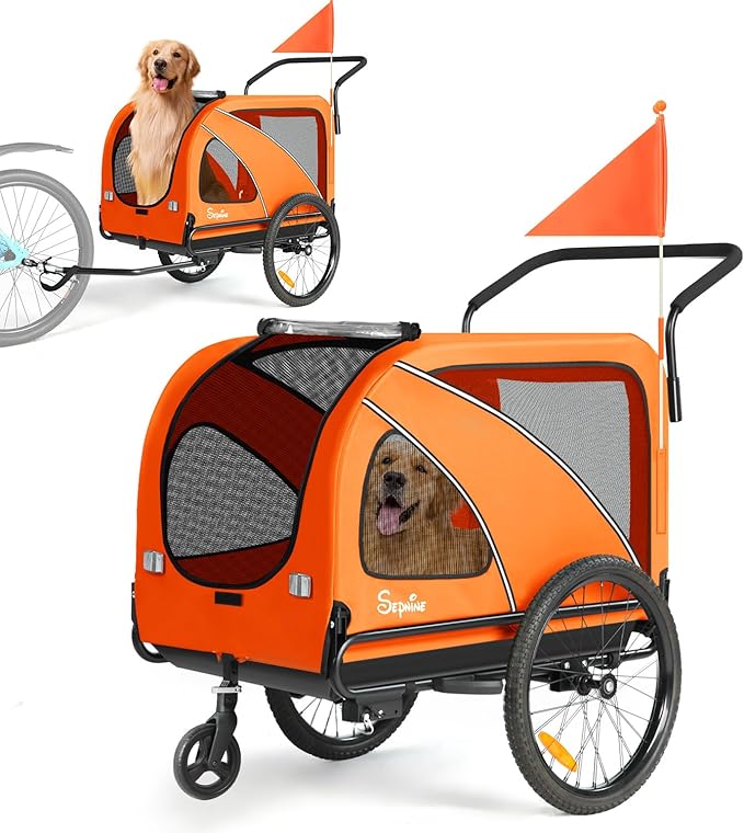 Sepnine Dog Bike Trailer, Supports up to 88 lbs, 2-in-1 Pet Stroller Cart Bicycle Carrier, Easy Folding Cart Frame with Quick Release Wheels, Universal Bicycle Coupler, Non-Slip Floor, Internal Leash