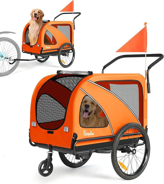 Sepnine Dog Bike Trailer, Supports up to 88 lbs, 2-in-1 Pet Stroller Cart Bicycle Carrier, Easy Folding Cart Frame with Quick Release Wheels, Universal Bicycle Coupler, Non-Slip Floor, Internal Leash
