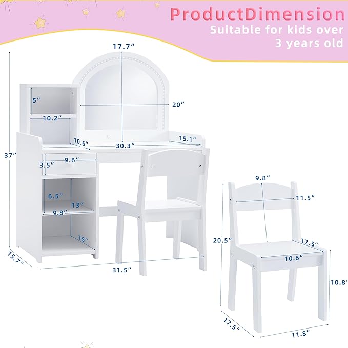 Kids Vanity with Lights, Princess Vanity Set with Drawer and Storage Shelves, 2 in 1 Toddler Makeup Vanity with Lighted Mirror, Girls Vanity Set with Stool for Little Girls (White)