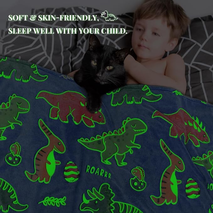 Dinosaur Blanket Glow in The Dark for Boys Girls - Dinosaur Gifts for Kids Birthday Christmas - Dino Toys for Toddlers, Red Green Throw Blanket Decor for Bed Couch 40"x50"