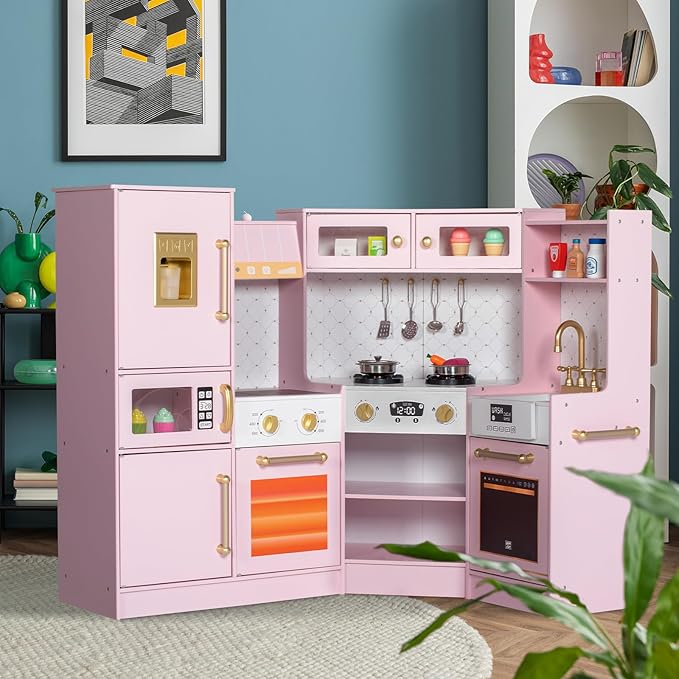 Corner Play Kitchen for Kids, Wooden Toddler Kitchen Playset with Ice Maker, Oven, Sink, Range Hood with Light, Ultimate Pretend Play Toy Kitchen Set Gift for Boys Girls Age 3+, Pink