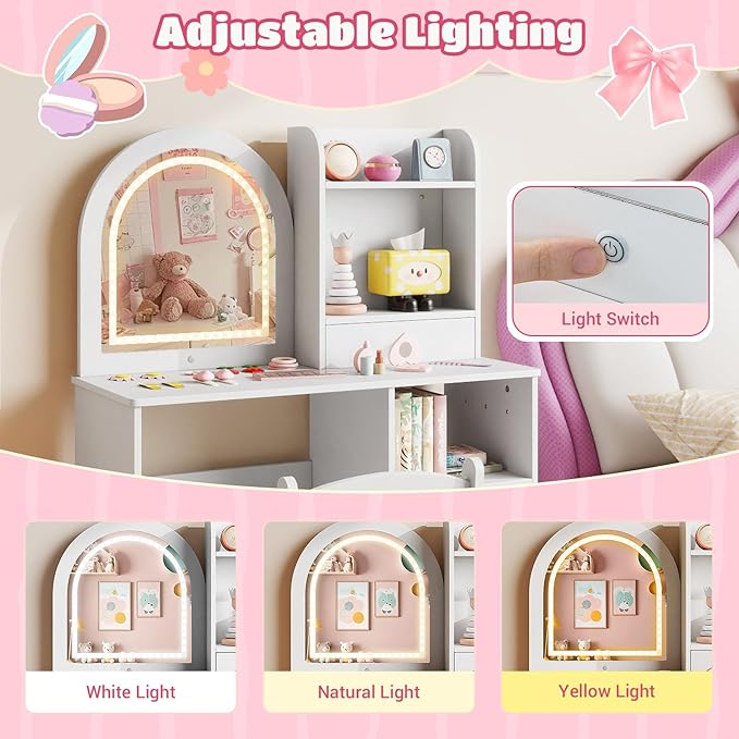 Costzon Kids Vanity with Lights, Girls Vanity Set with Mirror, Storage Drawer, Hooks & Shelves, Toddler Makeup Vanity Desk Dressing Table, Wooden Kids Vanity Table and Chair Set (White)