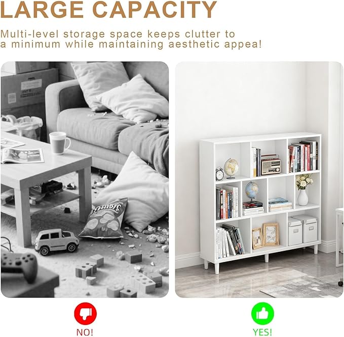 10 Cube Storage Organizer |Wide Bookshelf|3 Shelf Bookcase |Library Bookcase -Cubic Storage Cabinet（Storing Books,Toys & More Easy to Install）