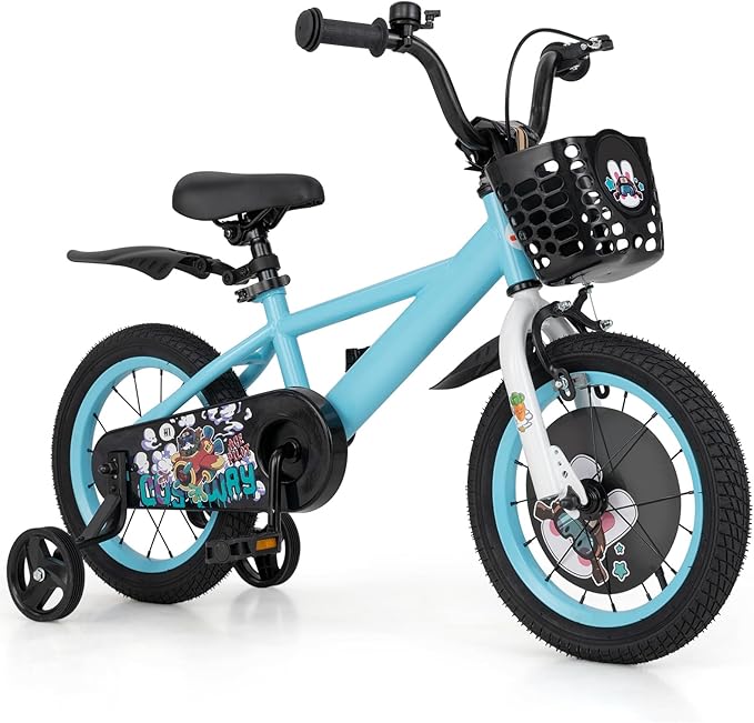 BABY JOY Rabbit Pilot Sporty Kids Bike, 12 14 16 18 Inch Child Bike for 3-8 Years Old with Adjustable Height, Training Wheels, Storage Basket, Handbrake & Coaster Brake, Kids Bicycle for Girls Boys
