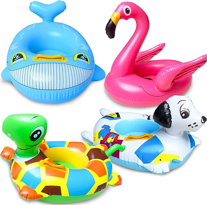 4 Pack Inflatable Pool Floats for Toddler Age 1-4 Animal Swim Tube Rings for Kids Infant Baby Ride on Beach Floaties with Safety Seat&Handle for Summer Lake Pool (Flamingo, Turtle, Whale, Dalmatian)