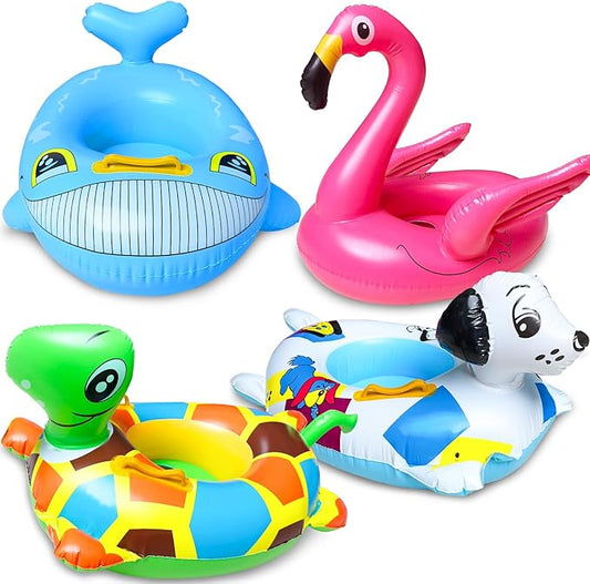 4 Pack Inflatable Pool Floats for Toddler Age 1-4 Animal Swim Tube Rings for Kids Infant Baby Ride on Beach Floaties with Safety Seat&Handle for Summer Lake Pool (Flamingo, Turtle, Whale, Dalmatian)
