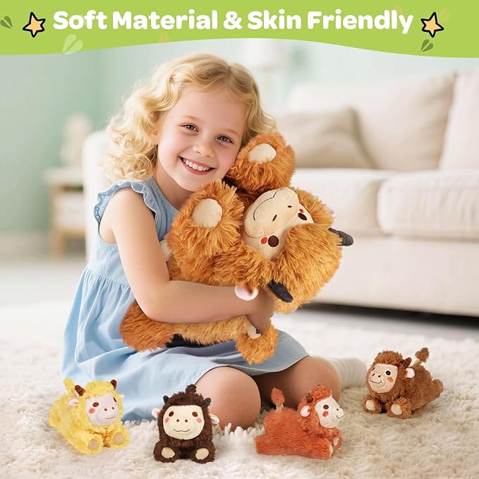 KMUYSL Highland Cow Stuffed Animal for Girls Ages 0 1 2 3 4 5 6 7 8+ Years Old, Mommy Cow Animals Plush Toys with 4 Baby Calves, Soft Animal Stuffed Toys Set, Christmas Birthday Gifts for Kids Girls