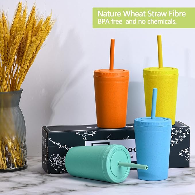 Homestockplus Reusable Wheat Straw Cups with Lids and Silicone Straws, 10 Oz Chip Resistant E-Co Friendly Small Water Cups for Milk, Drinks, Smoothies - 4 Colors