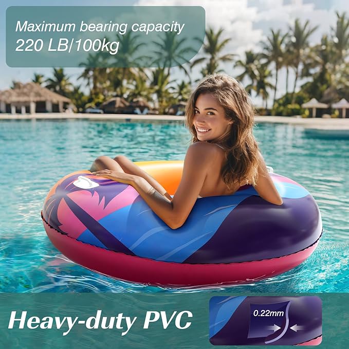 HeySplash Pool Tubes for Adult, 42 Inch Large Pool Floats with Handles, Inflatable Swim Rings Lounge, Hawaii Fun Swim Floaties Swimming Pool Beach Lake River Party Decoration Toys, Orange Purple Beach