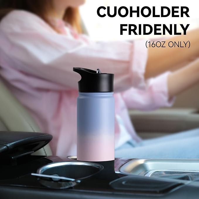 16 oz Insulated Water Bottle for School, Straw & Spout Lid, Keep Cold 24H, Spill Proof, BPA-Free, Double Wall Stainless Steel Kids Water Bottles for Sports, Gym, Travel, Pink Blue Gradient