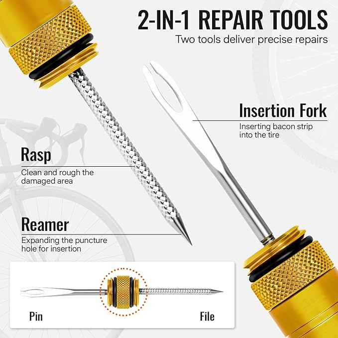 BWSHLF Tubeless Bike Tire Repair Kit for Mountain Bikes & Road Bicycles, Tubeless Tire Plug Kit with Storage Canister, Reamer, Insertion Fork, 10 Bacon Strips, Fix a Puncture or Flat, No Glue Needed