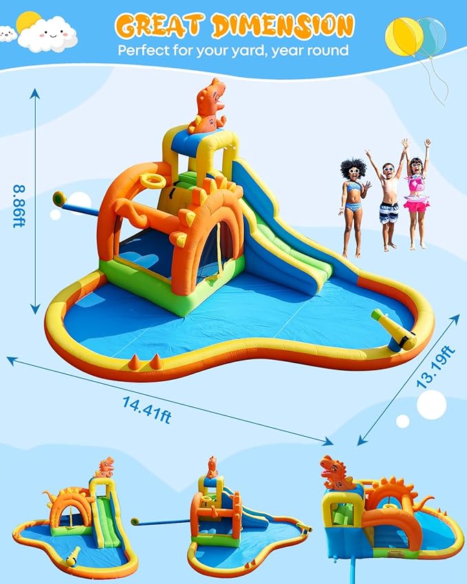 Dinosaur Inflatable Water Slide Park - 7 in 1 Bounce House with Slide, Jump Area, Splash Pool, Climbing Wall & Basketball Hoop | 480W Blower Included | Indoor/Outdoor Backyard Play for Kids 3-10