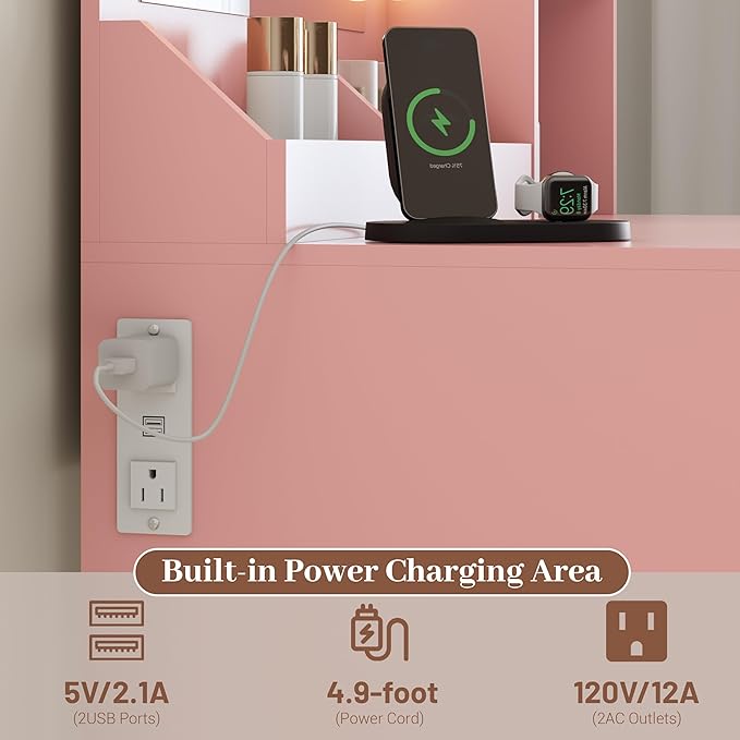 Makeup Vanity with Mirror and Lights & Power Outlet, 34'' Small Vanity Desk with Drawers and Storage Cabinet & Makeup Tray, Dressing Table for Girls Bedroom Dressing Room, Pink