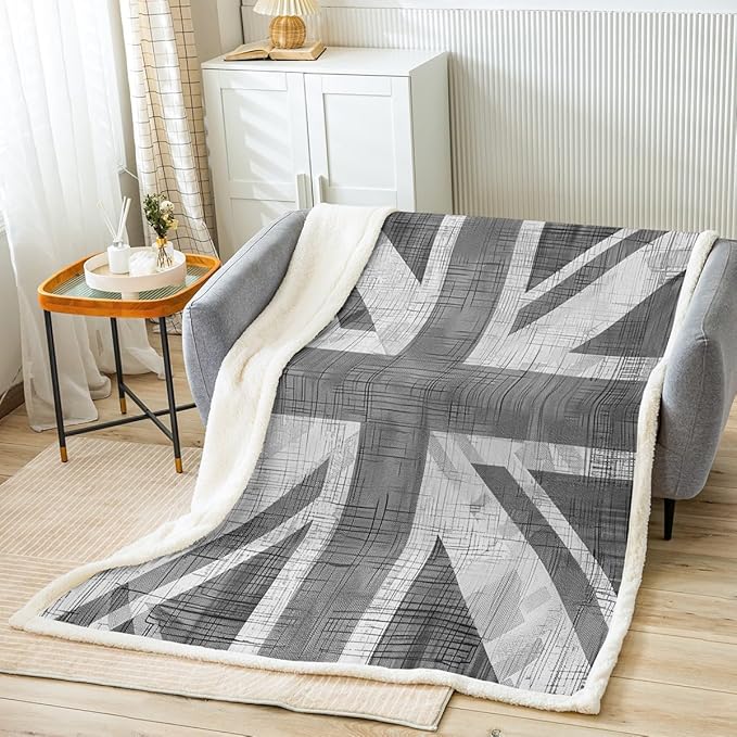 United Kingdom Flag Sherpa Blanket Union Jack Plush Blanket Grey UK Flag Fleece Throw Blanket for Kids Adults Geometric Fuzzy Blanket for Sofa Bed Couch, Soft Room Decor Baby 30x40 Inch