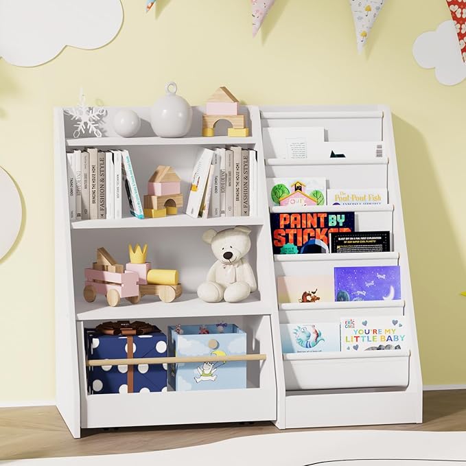 Kids Bookshelf with Toy Storage Organizer Movable Drawer, Toddler Bookcase 5 Sling Child Book Rack 4-Tier Shelf Cabinet Chest with Wheels for Nursery,Playroom,Bedroom,Living Room,Classroom