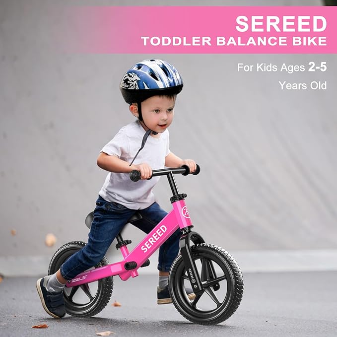 SEREED Toddler Balance Bike 2 Year Old, No Pedal Kids Toy Bike for 2-5 Years Old, Tool-Free Adjustment, Gift for 2-3 Boys Girls, Customize Plate with 3pcs Stickers (Rose Pink)