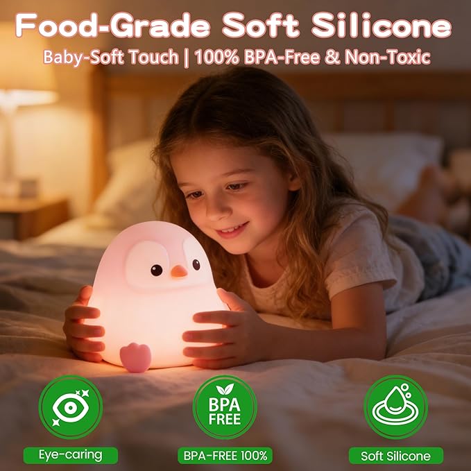 Penguin Night Light for Kids,Cute Pink Penguin Lamp,Soft Silicone Nursery Nightlight,LED Squishy Novelty Animal Bedside Lamp,Rechargeable/Dimmable/Timer,Room Deco,Christmas Gifts for Mom Girls Baby