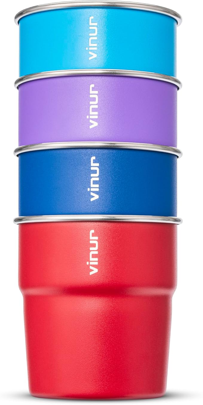 VINUR 8 oz Stainless Steel Cups 4 Pack Tumbler Stackable Metal Drinking Glasses for Travel, Camping, Outdoors (Canyon Red-Sky Blue-Purple-Navy)