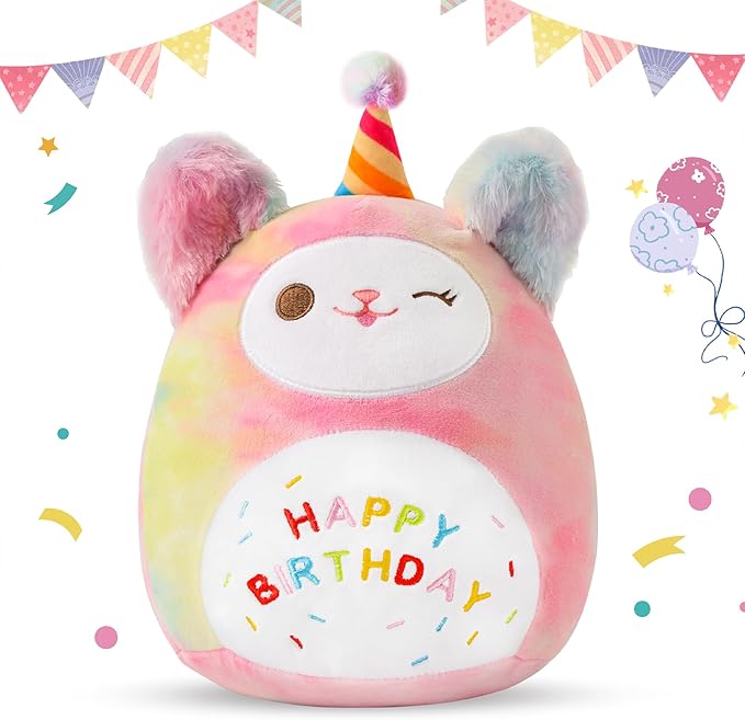 Sioloc10.6 Rainbow Birthday Cat Plush Pillow - Soft Kitten Stuffed Animal Toy, for Kids, Toddlers, Birthday Decor