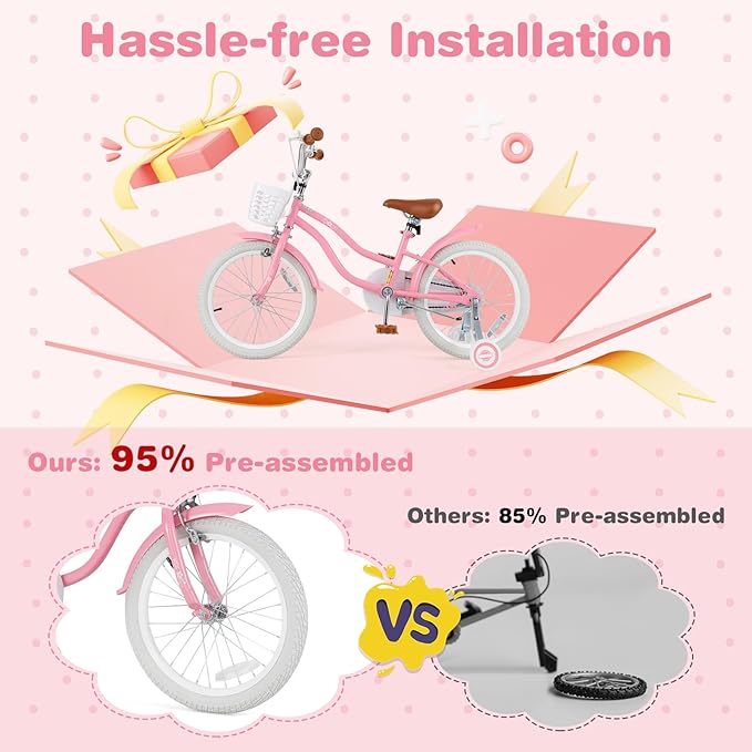 BABY JOY Kids Bike, 12 14 16 18 20 Inch Boys Girls Bike w/Adjustable Seat, Removable Basket, Handbrake & Coaster Brake, Training Wheels or Kickstand, Kids Bicycle with Multi-Color