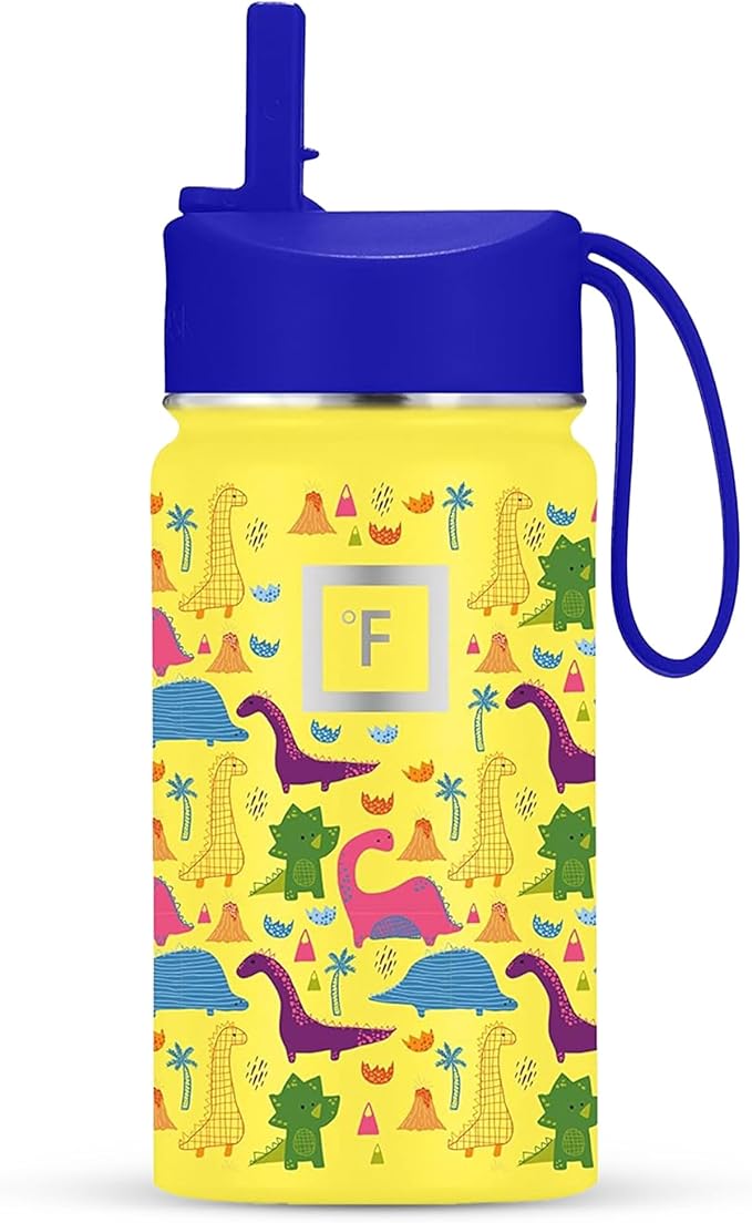 IRON °FLASK Kids Water Bottle - Straw Lid, 20 Name Stickers, Vacuum Insulated Stainless Steel, Double Walled Tumbler Travel Cup, Thermos Mug - Dino Mates, 14 Oz