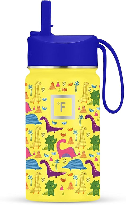 IRON °FLASK Kids Water Bottle - Straw Lid, 20 Name Stickers, Vacuum Insulated Stainless Steel, Double Walled Tumbler Travel Cup, Thermos Mug - Dino Mates, 14 Oz