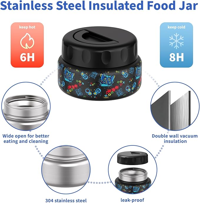 Bento Box for Kids with Thermo Food Container (9oz), 4-Compartment Lunch Box, Adjustable Divider, Leakproof Bento Lunch Box, Includes Utensils & Carry Bag for School, Office(Black-Game)