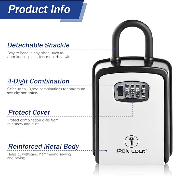 Iron Lock® XXL Portable Key Lock Box and Wall Mounted with Removable U-Shackle Waterproof Indoor Outdoor 4 Digit Combo with Resettable Code with A B Switch Extra Large Key Lockbox Outside (XXL, Grey)