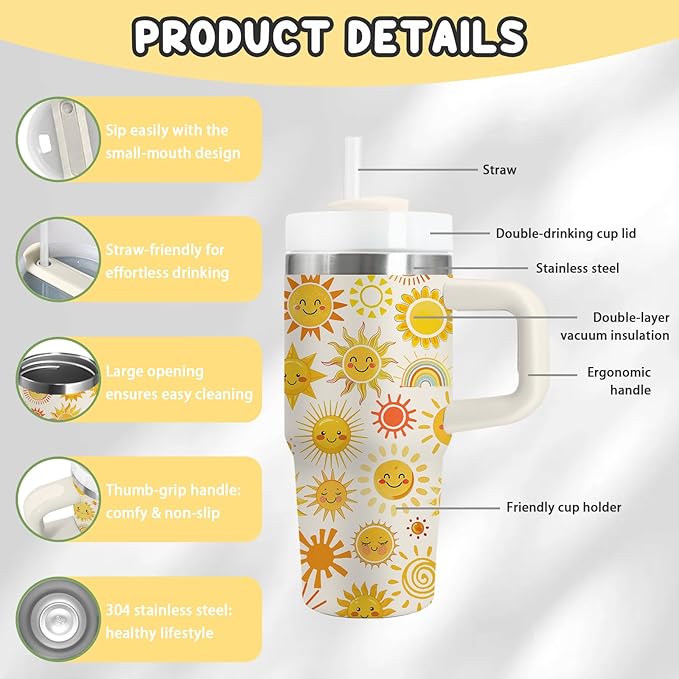 Sunshine Gifts - 14 Oz Yellow Kids Sun Tumbler with Handle and Straw, Stainless Steel Insulated Water Bottle, for Sports, School, Travel - Funny Sunshines Themed Children Birthday Gift Cup(1pc)