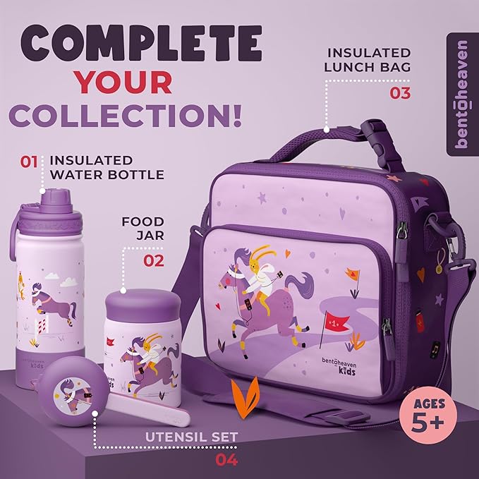 Bentoheaven Kids Water Bottle Stainless Steel for Boys & Girls, 2 Lids (Chug & Straw), Handle & Silicone Boot, Reusable Metal Leak-proof Insulated Tumbler, School & Sports 17oz (Purple)