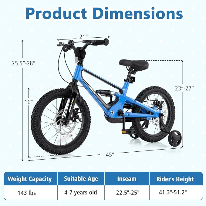 BABY JOY Kids Bike, 16" Magnesium Sporty Bicycle with Dual Disc Brakes, Removable Training Wheels, Body Suspension, Adjustable Handlebar & Saddle, Girls Boys Bike