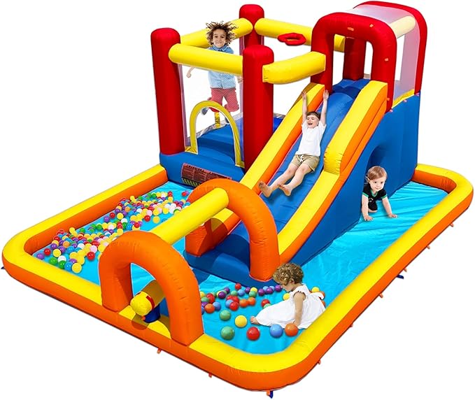 Baralir Inflatable Bounce House Water Park with Long Water Slide & Large Splash Pool Fits 5 Kids, Endless Fun of Jumping, Sliding, Climbing - Extra Cave and Tunnel Adventure and Water Cannon