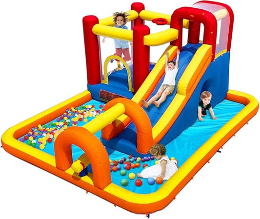 Baralir Inflatable Bounce House Water Park with Long Water Slide & Large Splash Pool Fits 5 Kids, Endless Fun of Jumping, Sliding, Climbing - Extra Cave and Tunnel Adventure and Water Cannon
