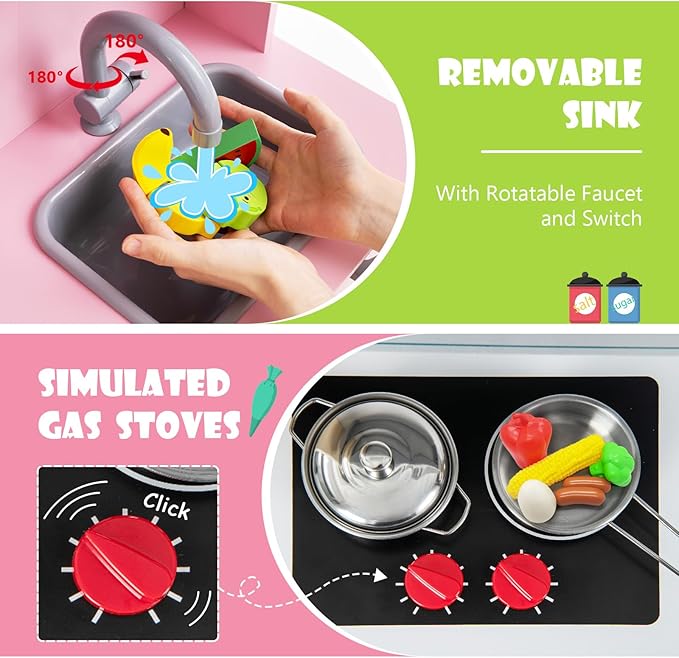 Costzon Kids Kitchen Playset, Wooden Pretend Toddler Kitchen Toy Set w/Sound, Microwave, Oven, Ice Maker, Range Hood, Stoves, Sink & 18 Accessories, Pink Play Kitchen for Girls Ages 3+