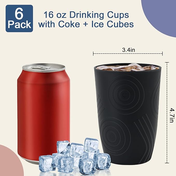 Wheat Straw Cups 6 Pcs 16 OZ Plastic Cup, Unbreakable Drinking Glasses, Lightweight Cup Set for Kitchen, Alternative to Plastic Cups Reusable Dishwasher Safe (Black)