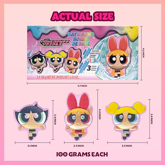The Powerpuff Girls Bath Bombs for Kids, Fun Bright Rainbow Colors, Peach Scented for Kids, Ages 3+, by Townley Girl