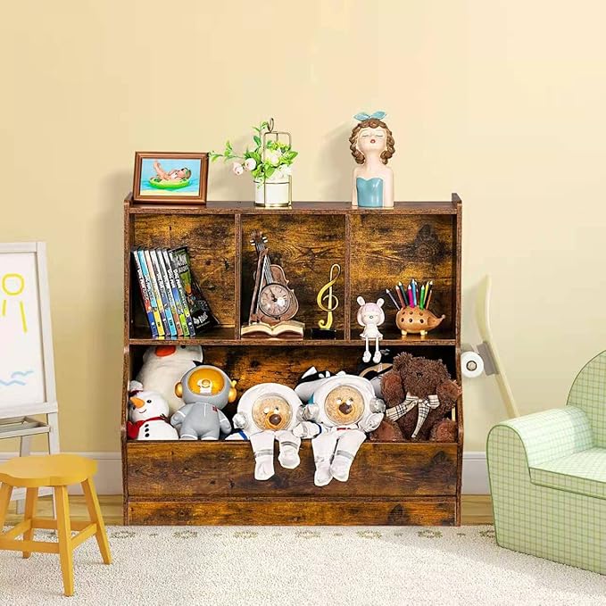 Lerliuo Kids Toy Storage Organizer, Children Small Bookcase and Bookshelf, Toddler 4 Cubby Toy Storage Cabinet, Toy Shelf for Playroom, Bedroom, Living Room, Nursery, School 29.53'' H (Brown)
