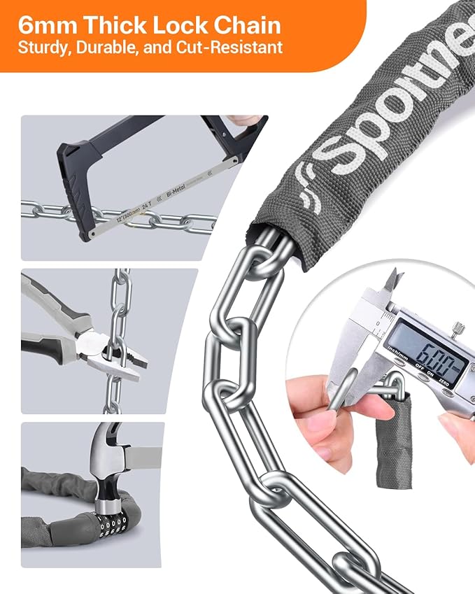 Sportneer Bike Lock: 5 Digit Combination High Security Anti Theft Bike Chain Lock - 3.2/3.6/4ft Heavy Duty Keyless Bicycle Lock for Bike, Motorcycle, Scooter, Door & Gate - 4/6mm Thick, Easy to Use