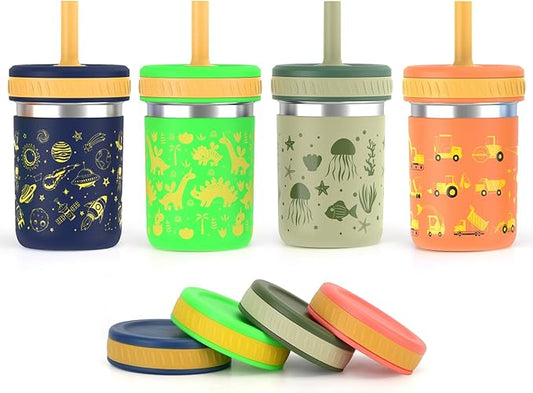 Sursip Stainless Steel Kids & Toddler Cups with Straws and Lids|15 oz Mason jars for Snacks & Smoothie|Spill-Proof Sippy Drinking Water Cups, BPA-Free, Dishwasher Safe