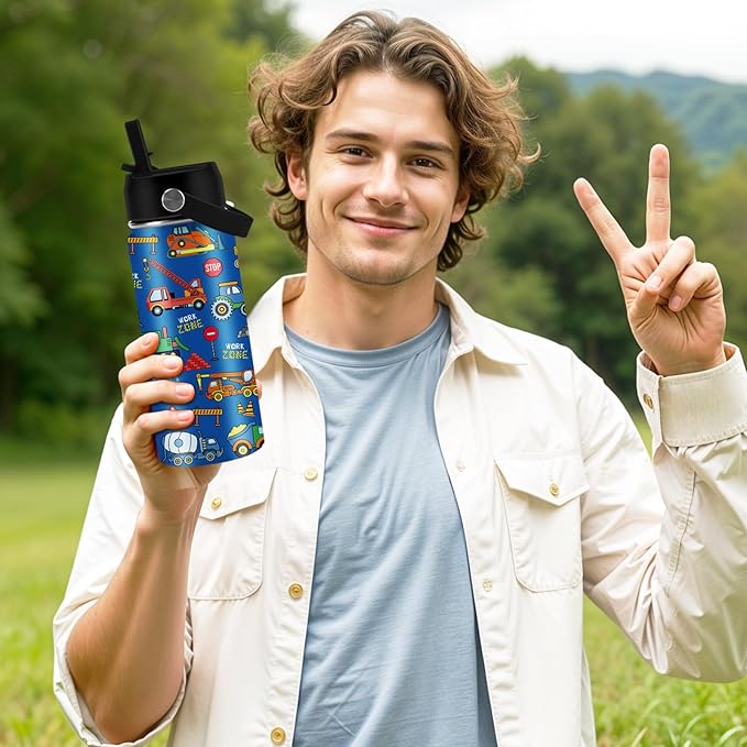 Construction Gifts for Men & Women - 16 Oz Water Bottle with Straw Lid, Stainless Steel Insulated Tumbler, Leak Proof, BPA-Free, for Boys, Travel - Truck Lovers Teen Birthday Gifts Cups(1pc)