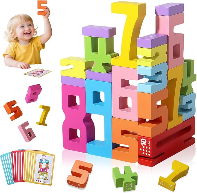 Wooden Number Building Blocks, 1-10 Digital Building Blocks for Kids 3+, Math Learning Tools Digital Blocks Toys, Stacking Blocks Balance Game Toy, Educational Toy Gift for Boys Girls
