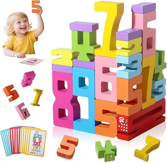 Wooden Number Building Blocks, 1-10 Digital Building Blocks for Kids 3+, Math Learning Tools Digital Blocks Toys, Stacking Blocks Balance Game Toy, Educational Toy Gift for Boys Girls