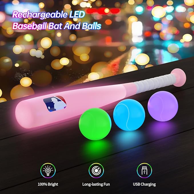 T Ball Set, Light Up LED Baseball Toys for Kids Toddlers 3-8, Glow in The Dark Tee Ball Set, Rechargeable Portable Toddler Outdoor Toys for Barkyard Camping, Gifts for Boys Girls (Pink)