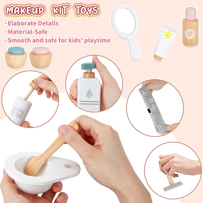 Wooden Makeup Toy Set,Pretend Beauty Play Toys,Skin Care Learning Preschool Toys for Toddler, Salon Toys Beauty Fake Makeup Kit with Facial Mask for Girls 3 4 5 6 7+ Year Old Girls.