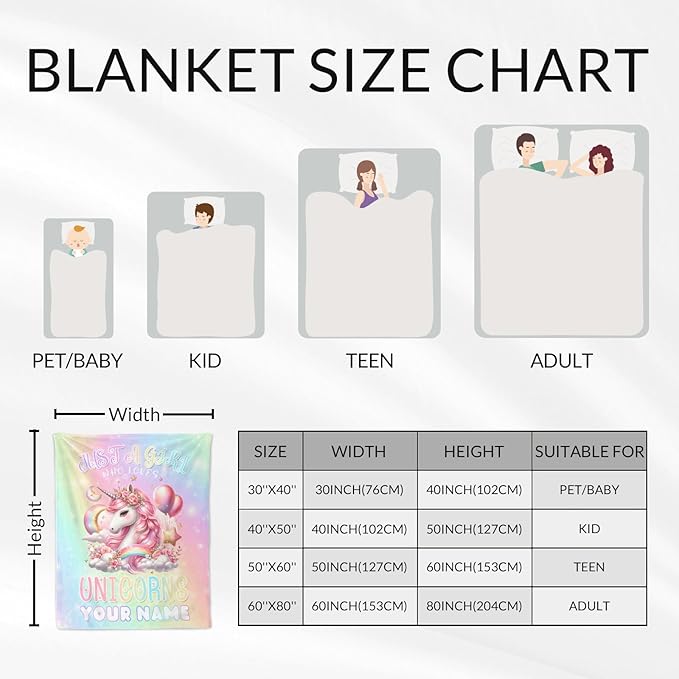 Custom Unicorn Blanket Gifts, 60 x 80 Inches Soft Lightweight Blankets for Girls, Women - Pink Cute Throw for Bed, Living Room