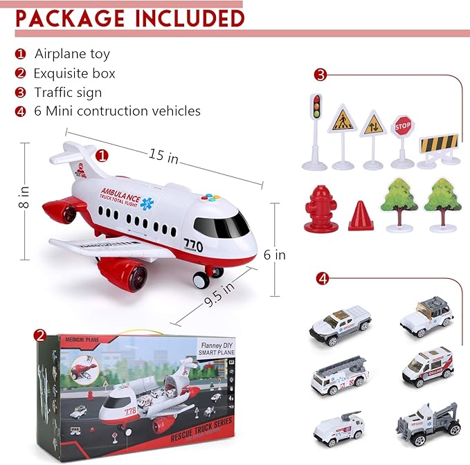 Airplane Toy Kids Plane 15 Inches Large with Light and Sound for 3 4 5 6 7 Year Old Boys Girls Toddlers, Ambulance Aircraft Toy Vehicle Play Set with Traffic Signs and 6 Rescue Trucks