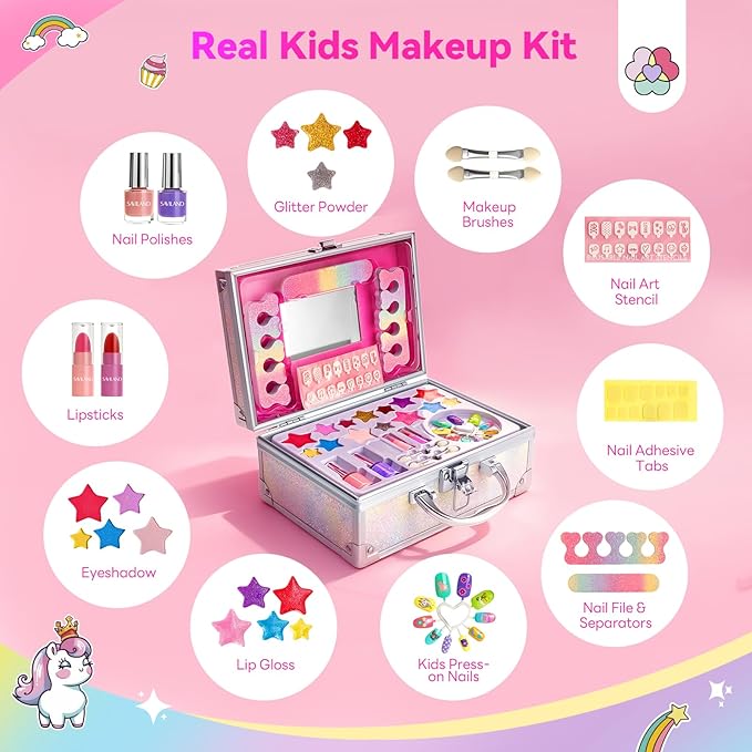 SAVILAND Kids Makeup Kit 32 Pcs: Toxic-Free Washable Makeup For Kids 5-12 Portable Real Toddler Kit with Eyeshadow Lip Gloss Cosmetic Case Birthday Christmas Gifts for Girls
